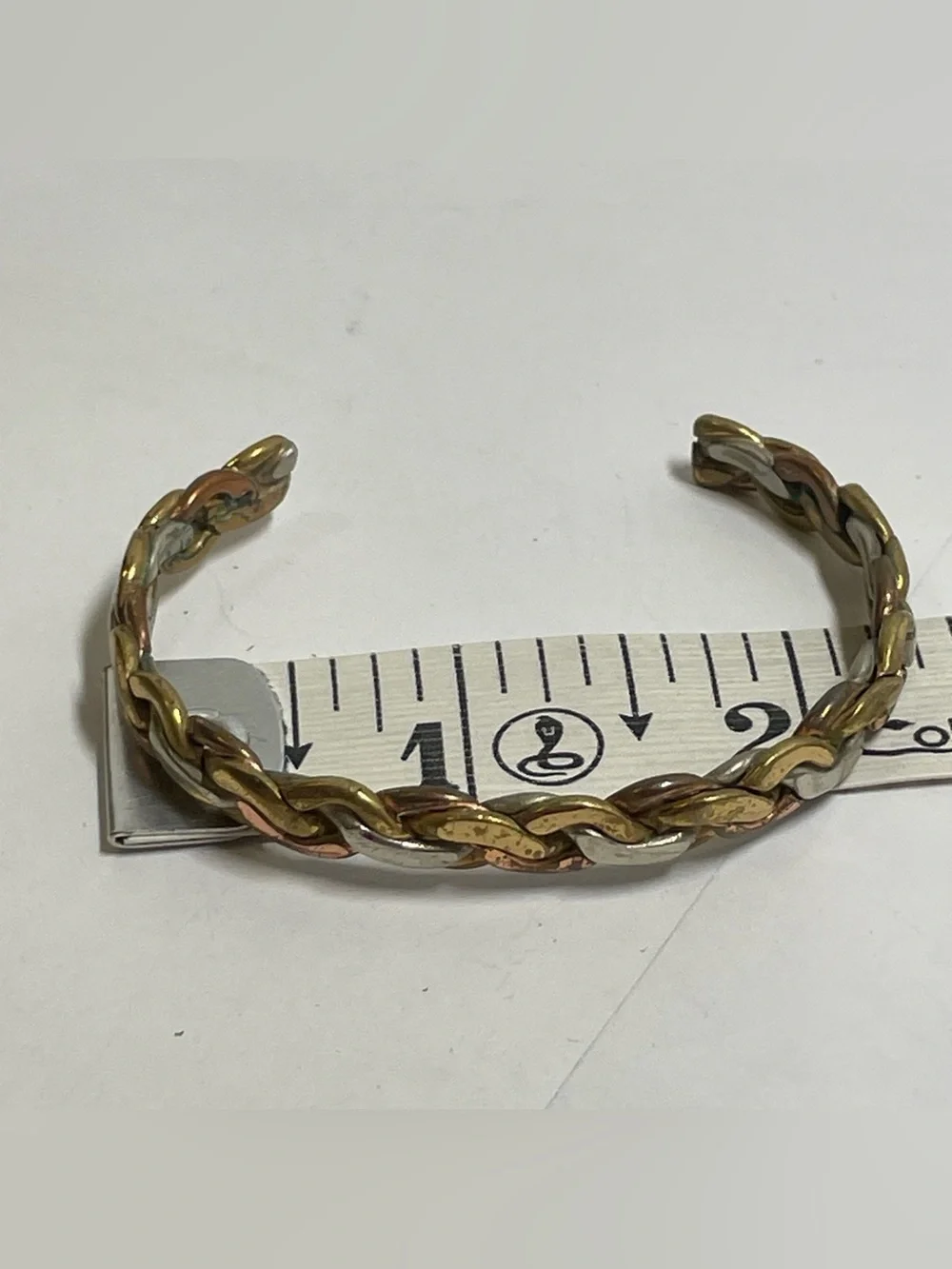 Vintage Artisan Crafted Braid Multicolor Tri Color Metal Coppery Cuff Bracelet